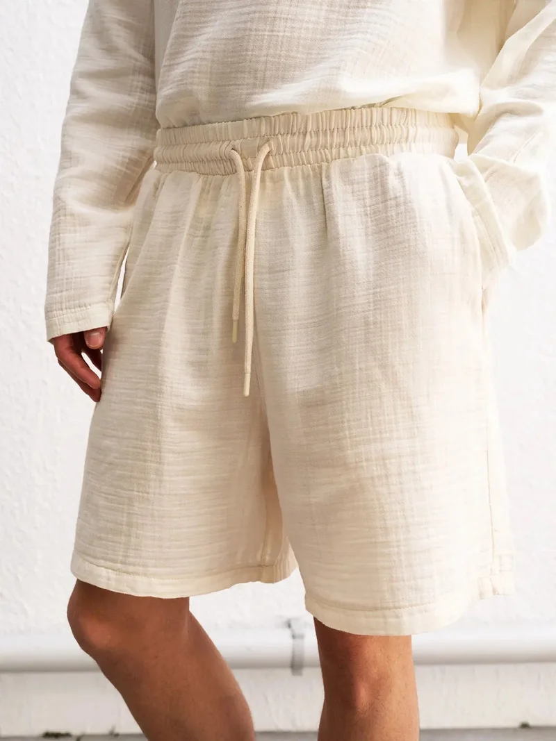 Giesto GIESTO High Waist Textured Cotton Drawstring Shorts